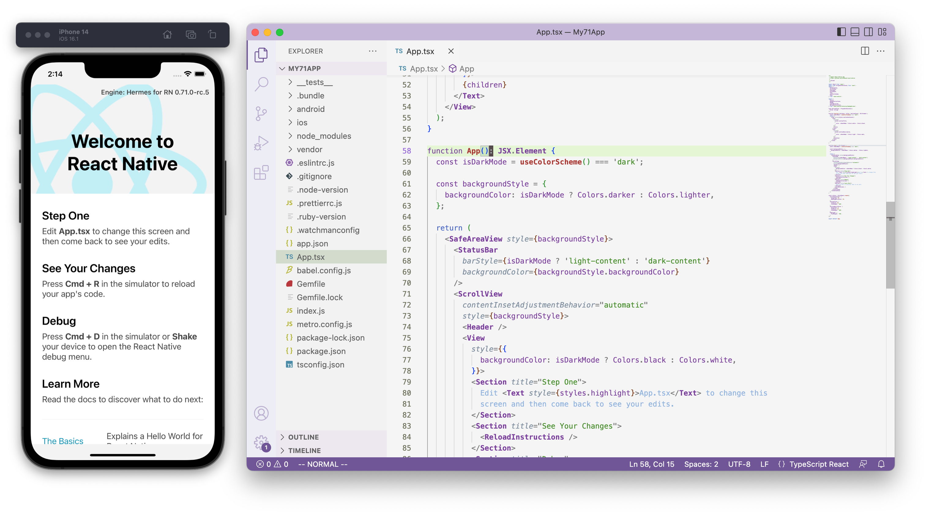 Screenshot of an iPhone simulator running a new app generated by React Native CLI. Alongside the simulator is a screenshot of Visual Studio Code editor opened to &quot;App.tsx&quot; to illustrate it is running a TypeScript file.