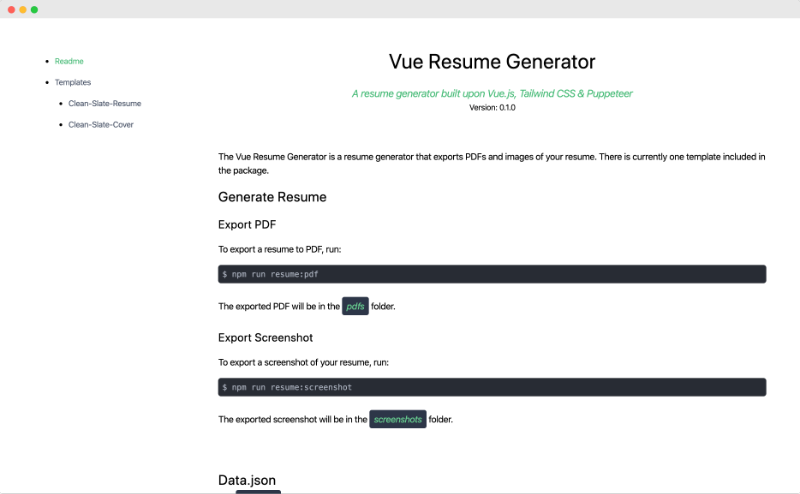 Vue Resume Generator readme screenshot