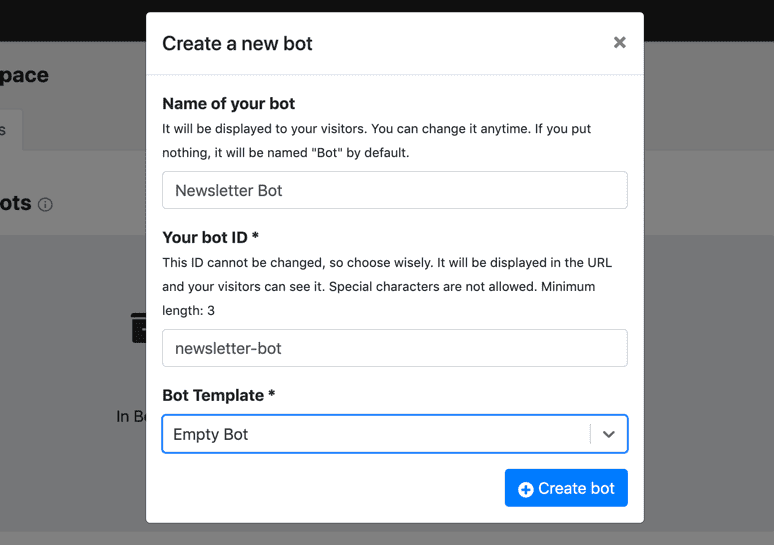 Adding metadata to a new chatbot in Botpress