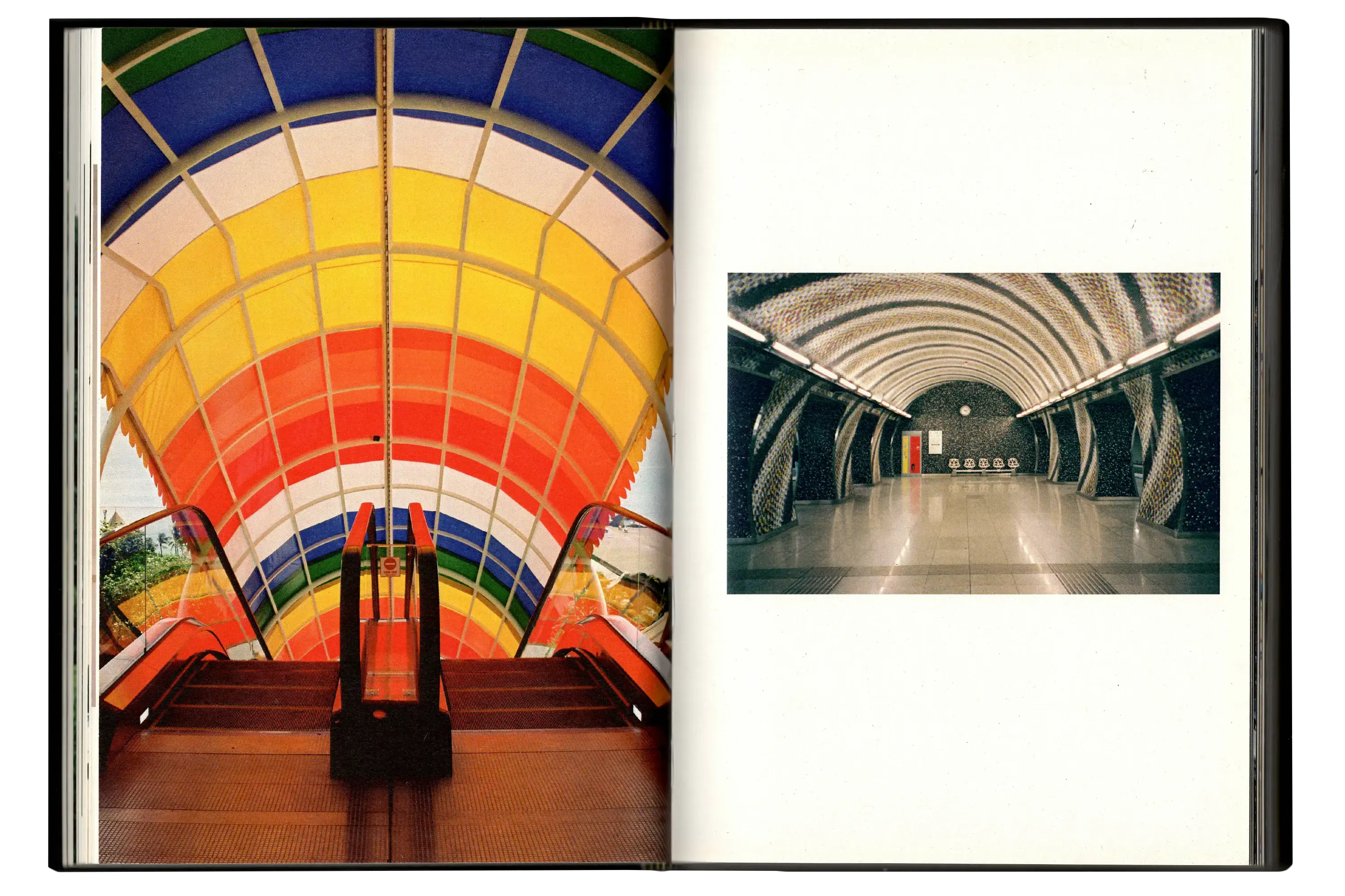 Imperfect Photo Book - left page full bleed image of rainbow coloured escalator, right page image of hallway with colourful machine in the distance