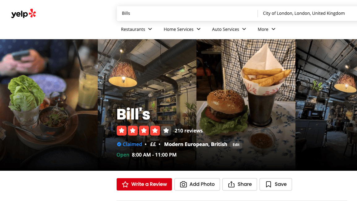 Overall Yelp rating for Bills restaurant with 210 reviews. Type of food: modern european, british.