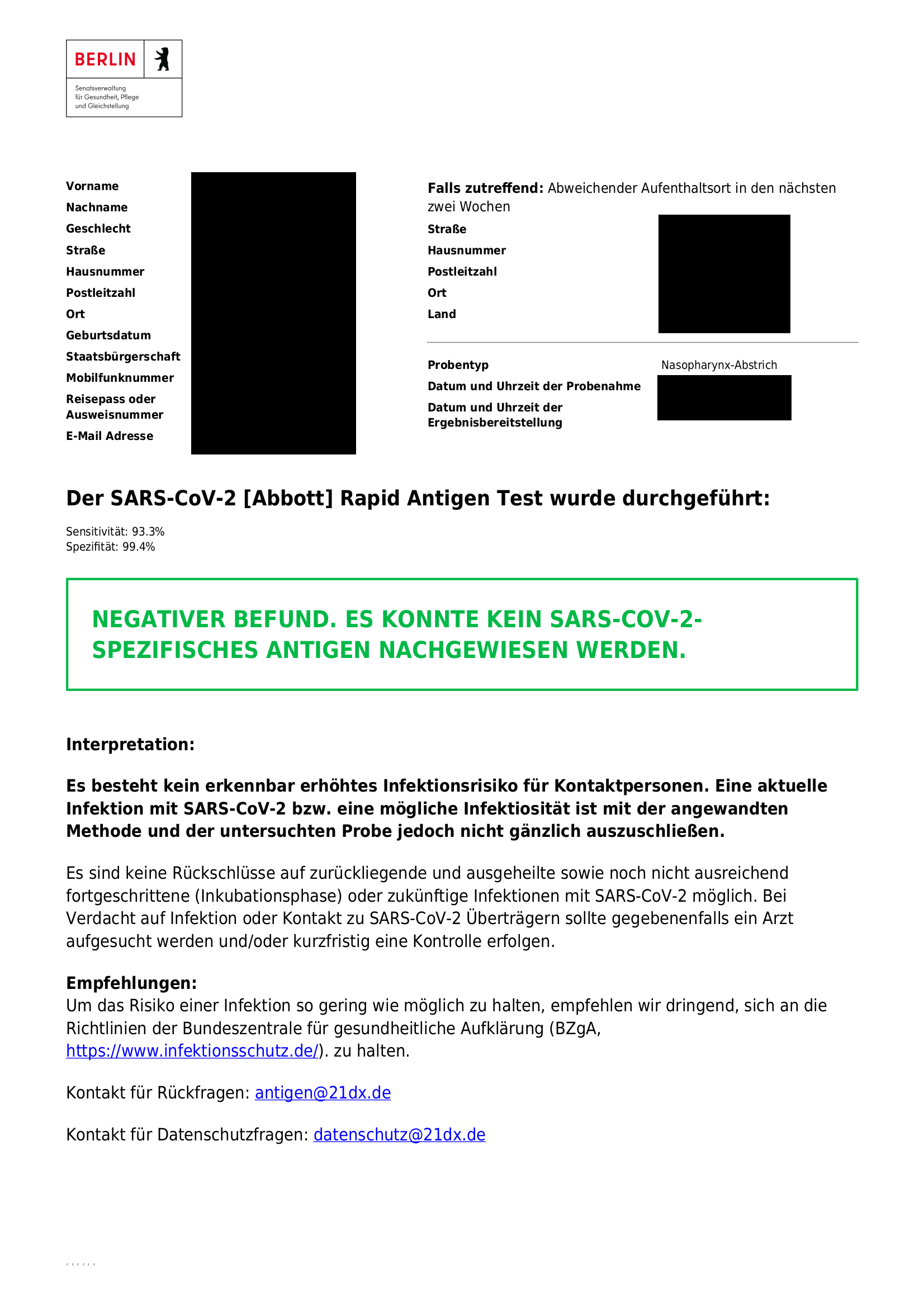 Negatives Testergebnis als PDF
