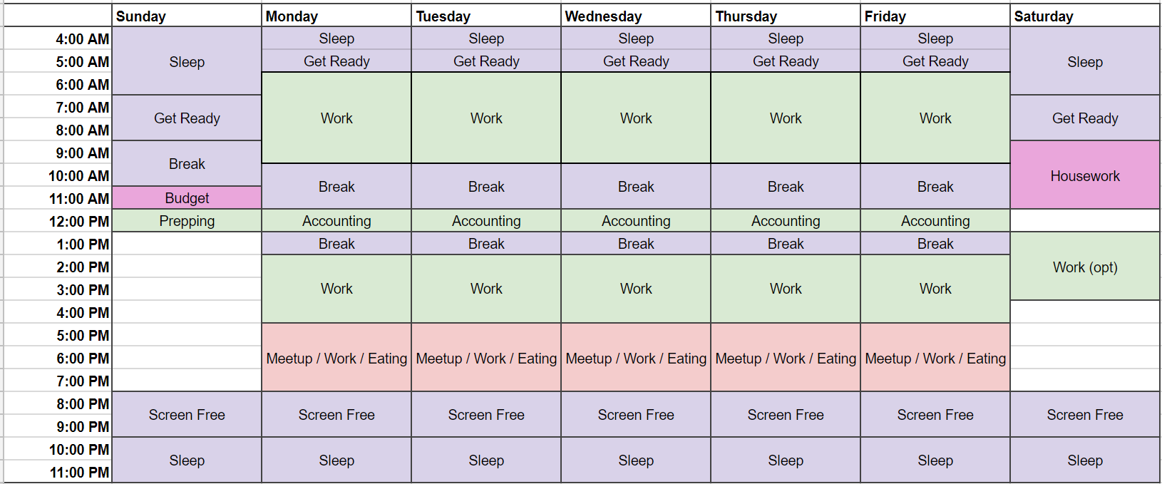 Spreadsheet I use for planning schedule, with columns for each day of the week and rows for each hour of the day.