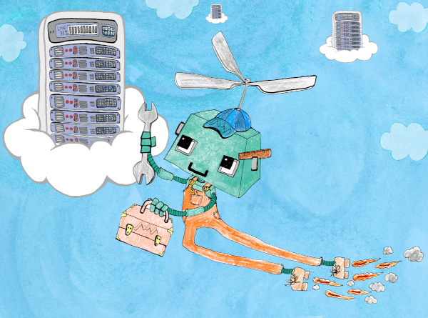 Cartoon of robot engineer flying to a server on a cloud.