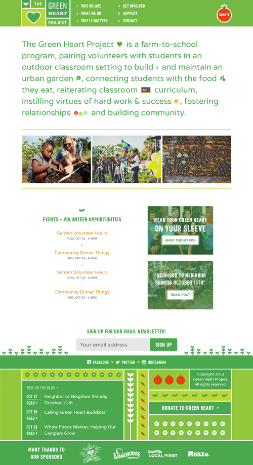 The Green Heart Project home page, with small illustrations punctuating the page tagline