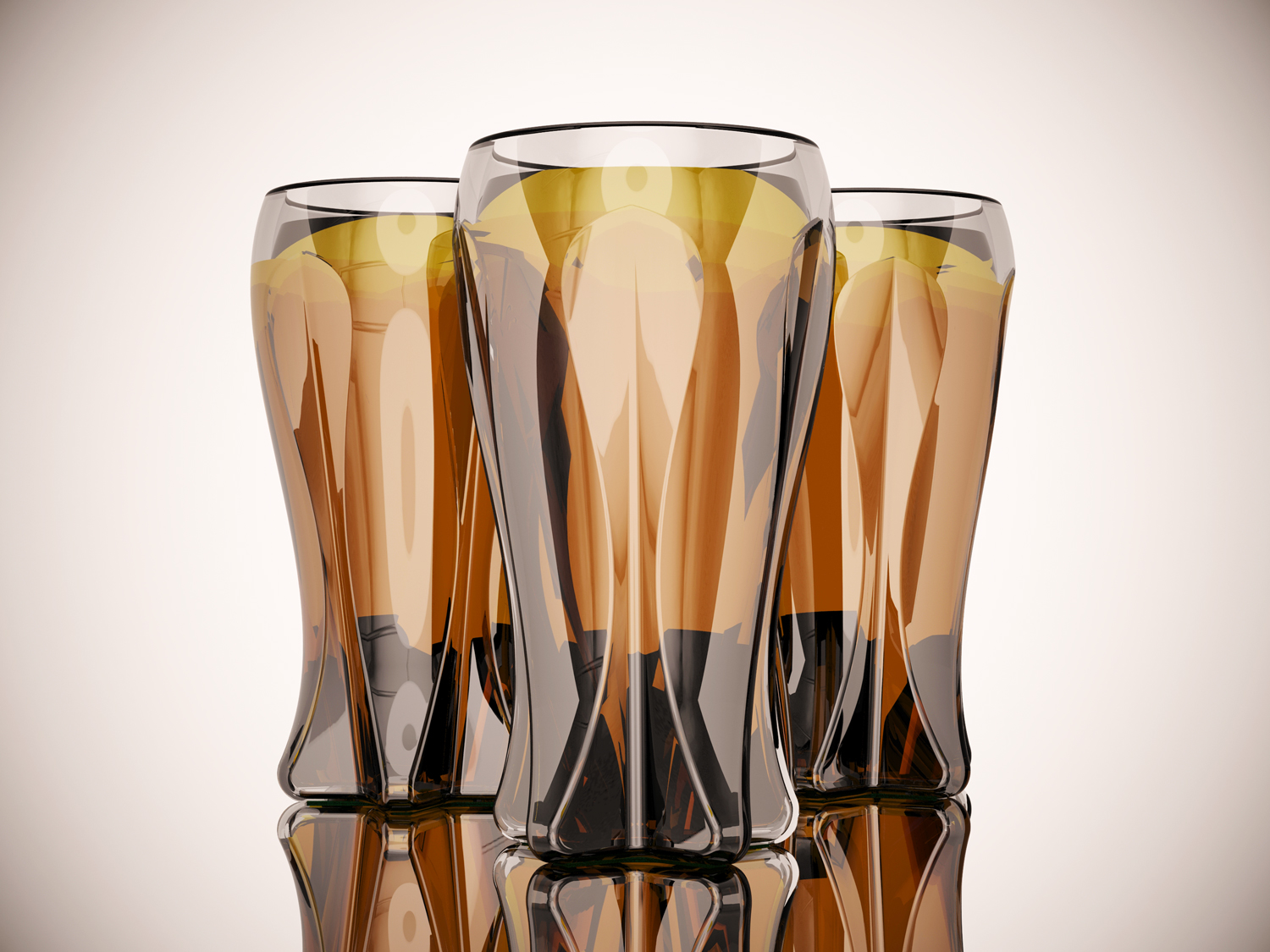 3 tall, amber-colored, double wall beer glasses, with a vertical star shape providing multiple ridges along the sides, a wider mouth and narrower base.