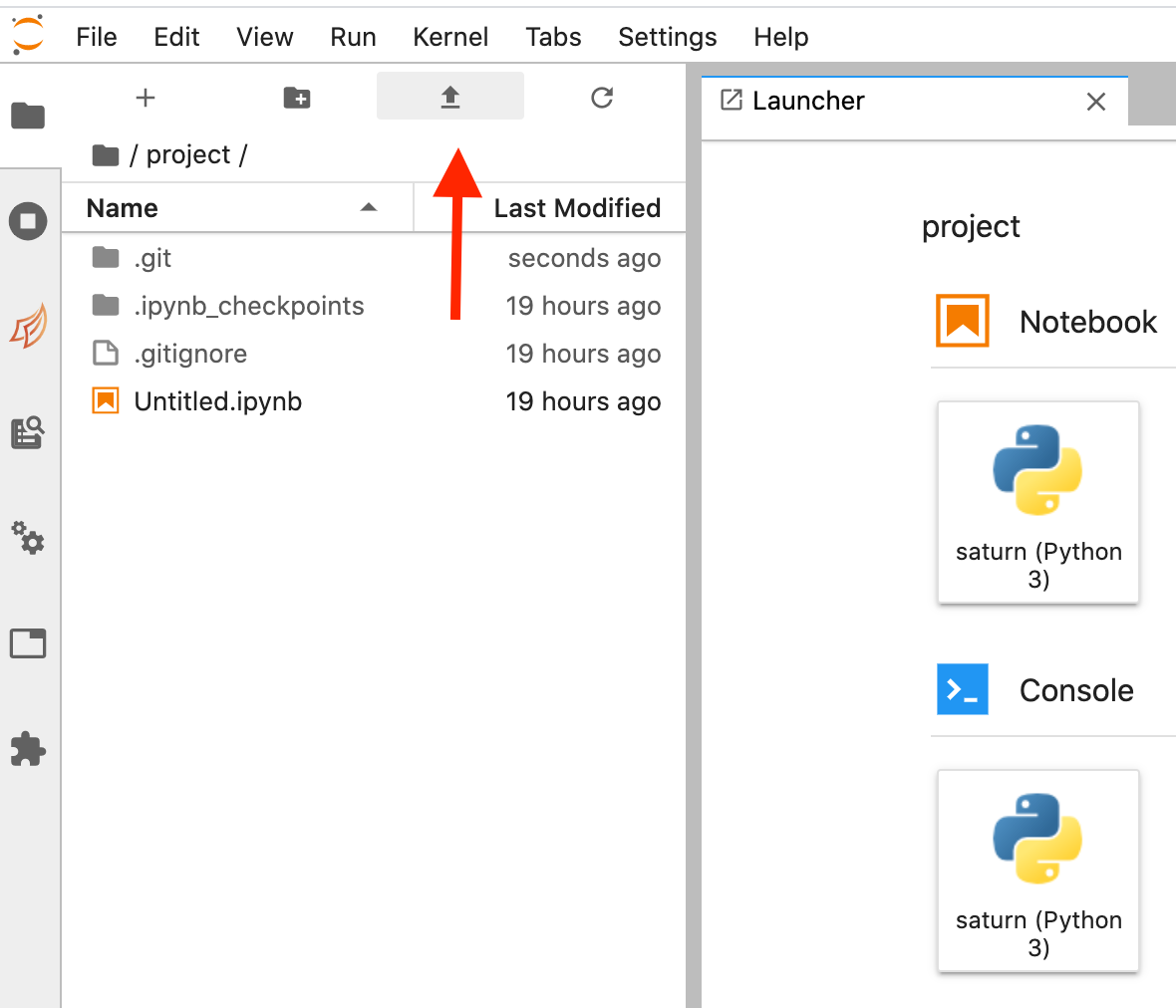 Jupyter Lab interface showing a red arrow pointing to the Upload button