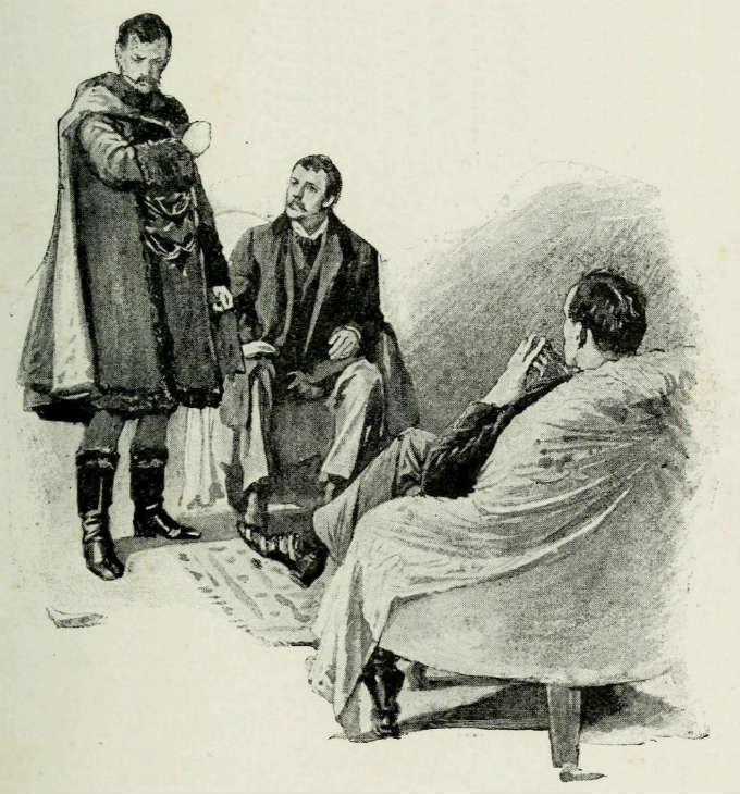 Sketch of Sherlock Holmes, Dr Watson (both seated) and a tall man wearing a mask
