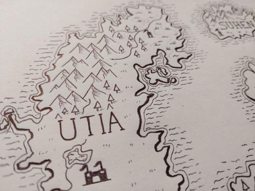 Zoom sur le nord ouest de la carte sur le continent de Utia avec des montagnes et des forêts ainsi qu'une capitale.