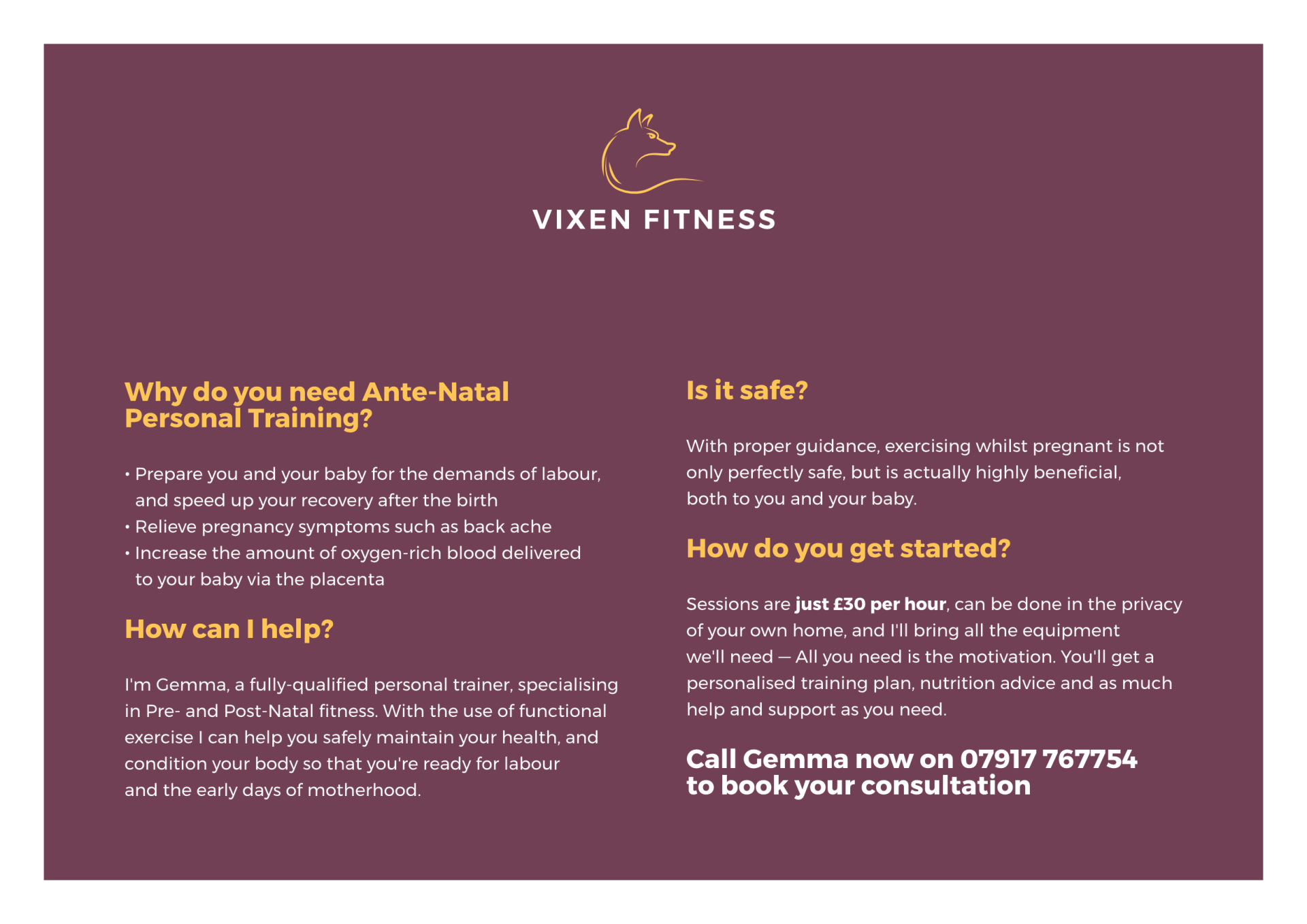 The back of a flyer for ante-natal training services