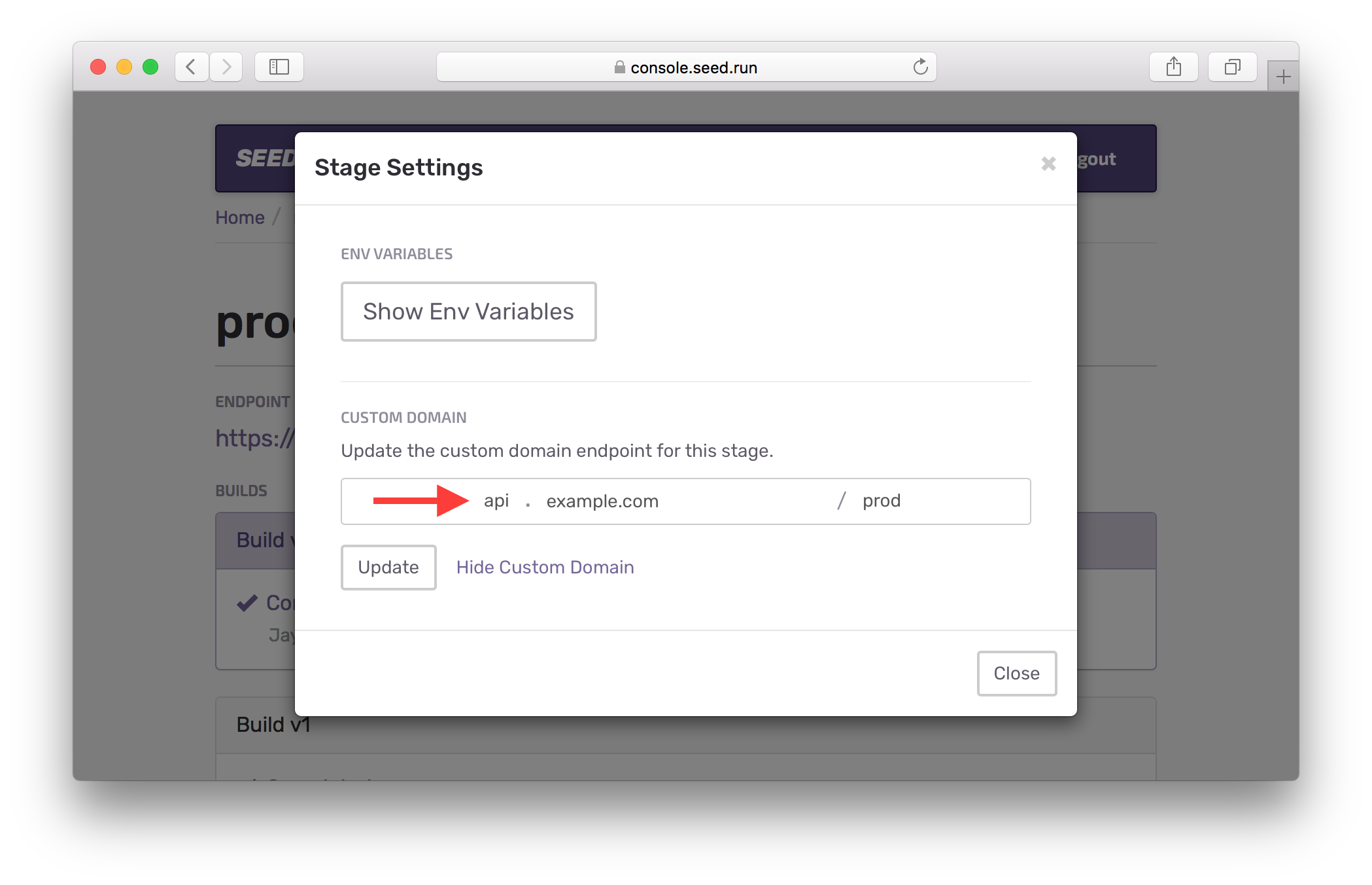 Configure Custom Domain parts Screenshot