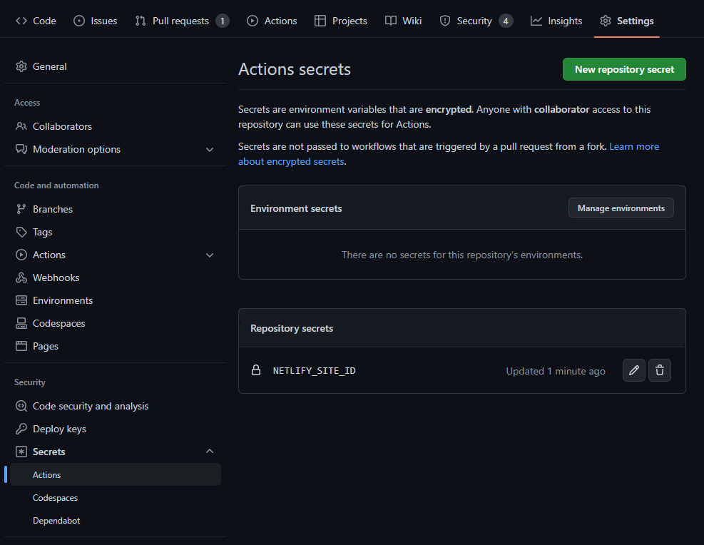 Repo settings page for Actions Secrets that lists one secret for NETLIFY_SITE_ID
