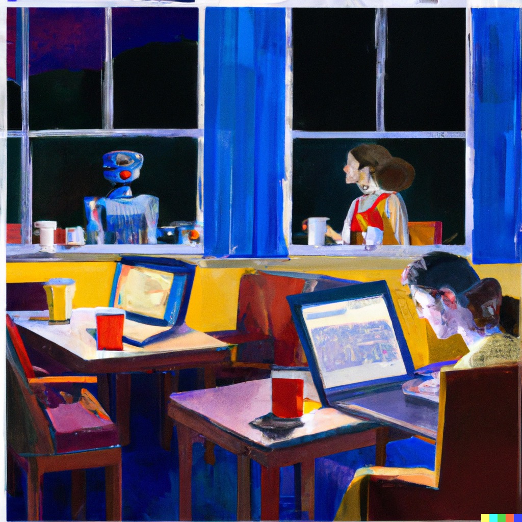 "painting about artificial intelligence and spreadsheets in the style of edward hopper" by DALL-E 2
