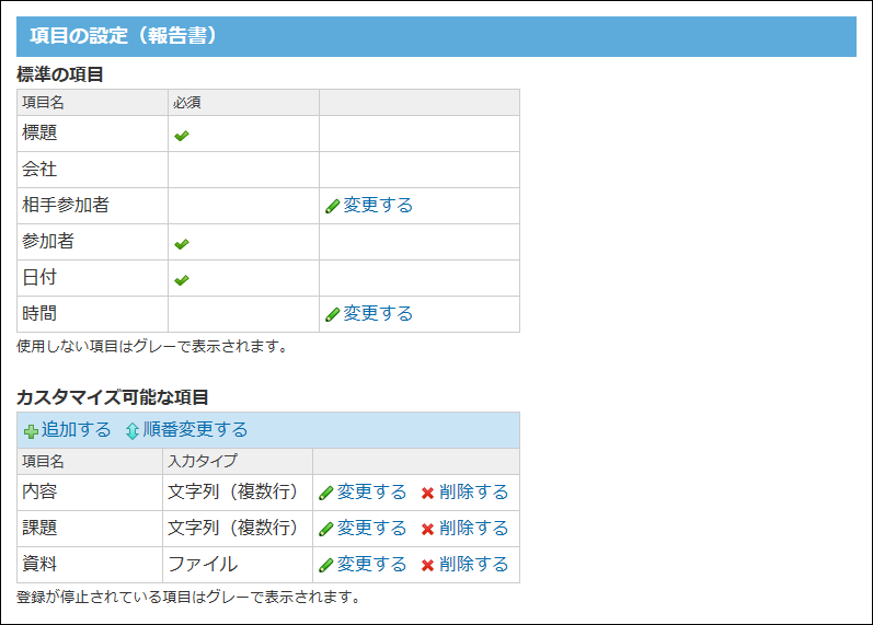報告書の項目の設定画面の画像