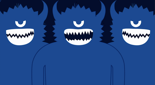 Illustration of an animated character looking down at the ground, not seeing that there are three, large, smiling monsters lurking behind him.