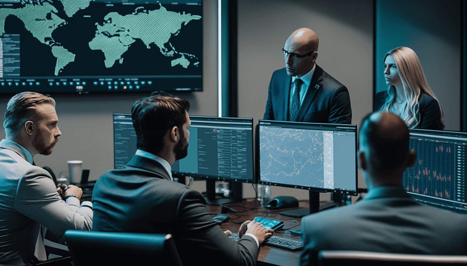 An image of a group of cybersecurity professionals in a boardroom, working together to ensure their organization's systems and data are secure.