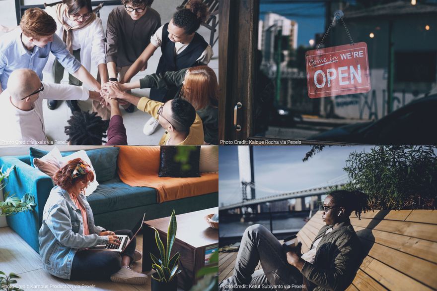 a collage of photos - eight people of different ethnicities stacking their hands in the center of a circle; a door to a business with a 'come in we're open' sign; a black man sitting on a bench outdoors listening to a podcast; a white woman sitting on the floor of her living room watching a virtual event via her laptop