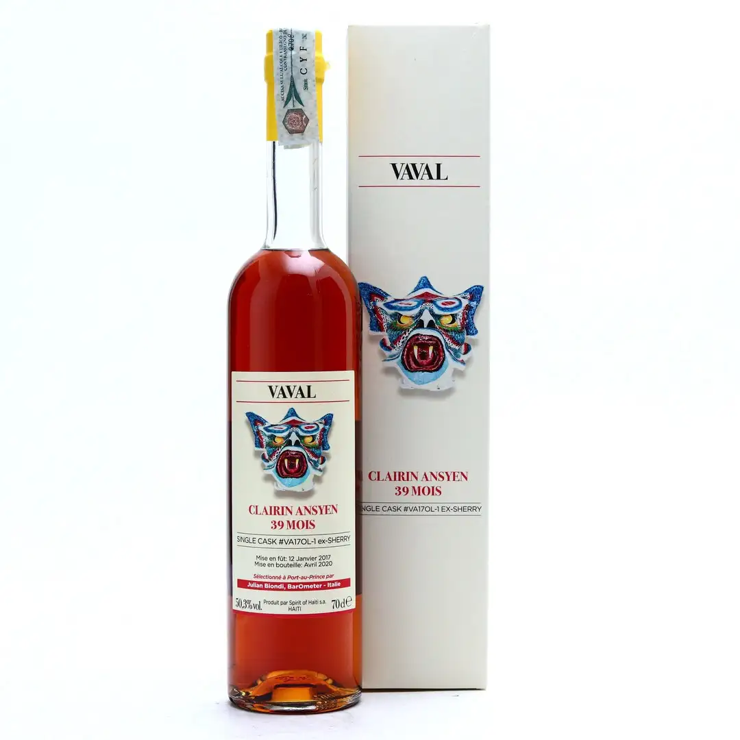 Image of the front of the bottle of the rum Clairin Ansyen Vaval 39 Mois Julian Biondi (ex-sherry)