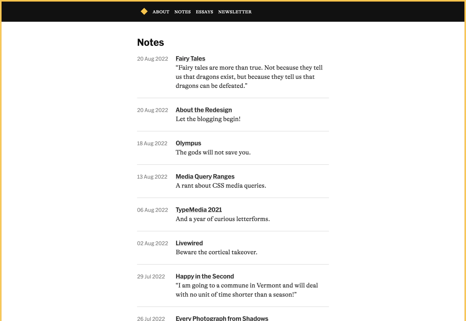 A screenshot of the notes page