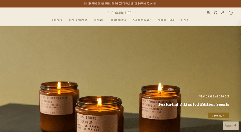 P.F. Candle Co.'s Shopify Website Homepage