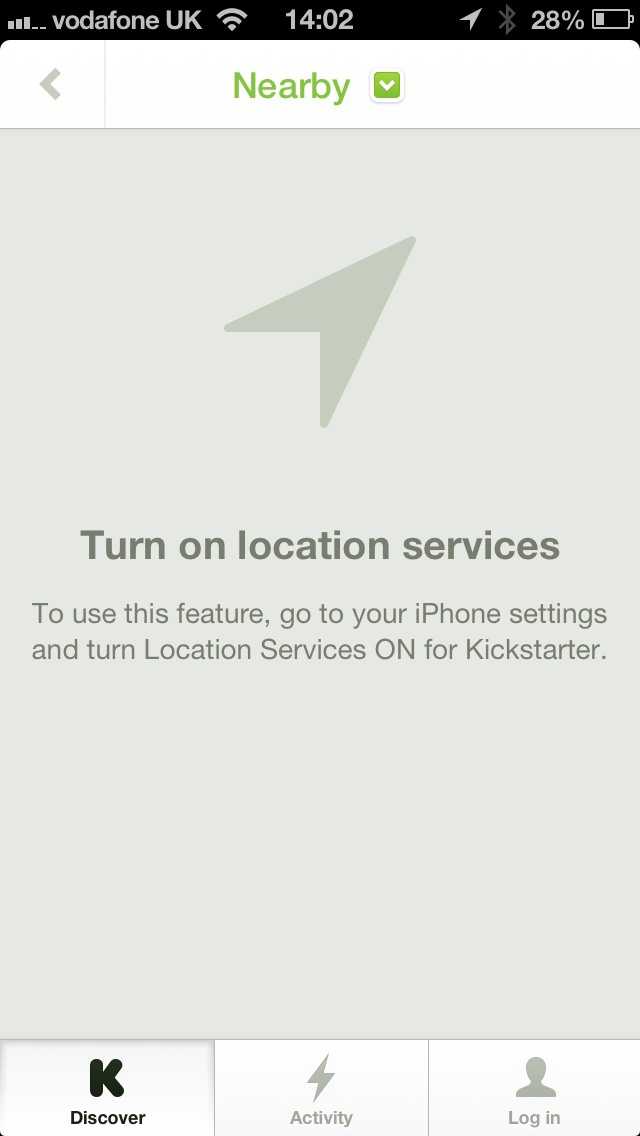 Screenshot of Kickstarter location services not turned on