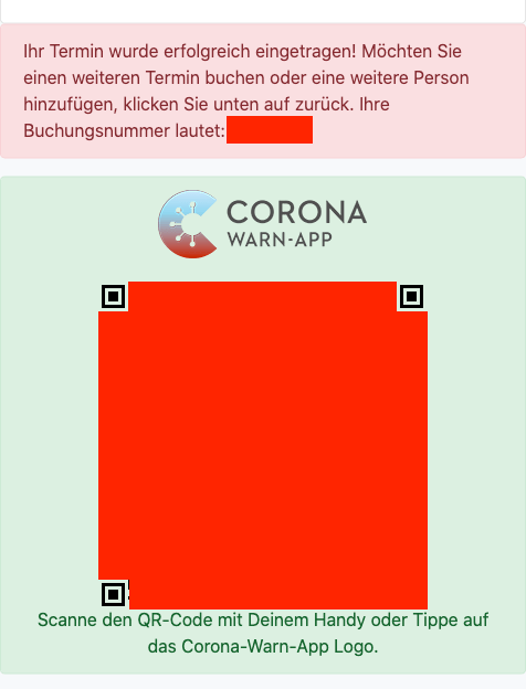 Screenshot des QR-Codes für die CWA auf der Buchungsbestätigungs-Seite