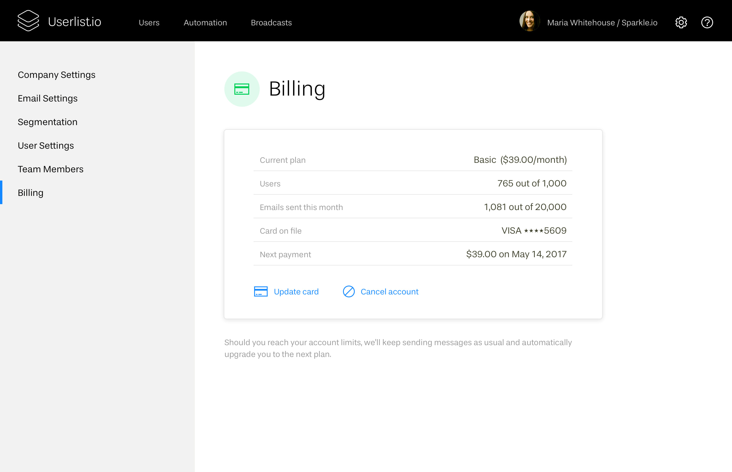 The Chicken or the Egg? Explaining Our Early Product Design Decisions: Screenshot of billing settings at Userlist