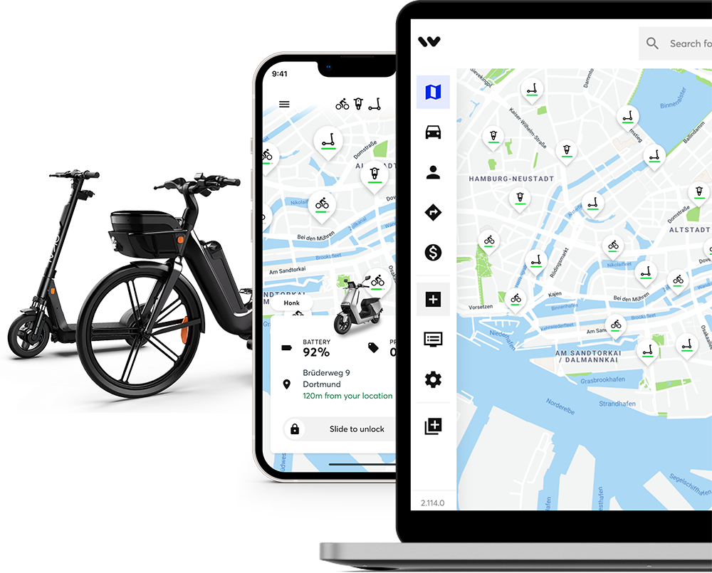 Two devices showing Wunder Mobility software and two electric vehicles, scooter and bicycle.