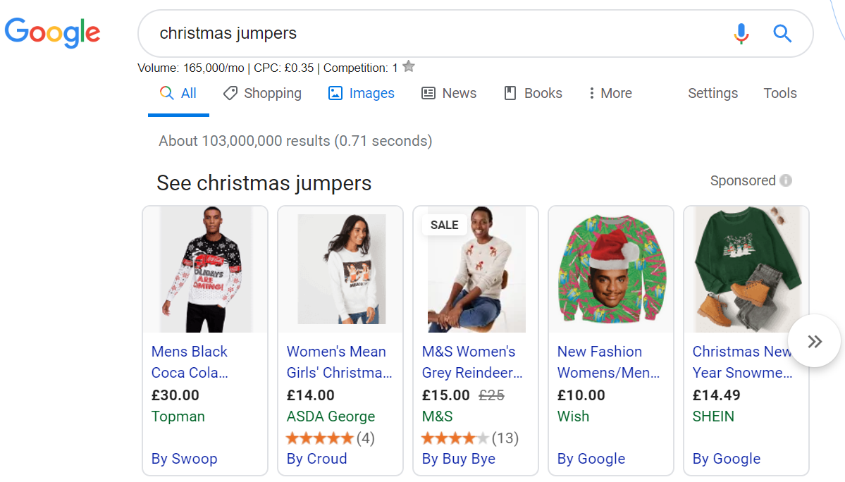 Shopping ads example for search term "Christmas jumpers"