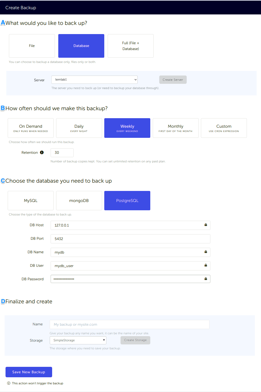 Configuration form, for a PostgreSQL database backup connected to your SimpleStorage storage