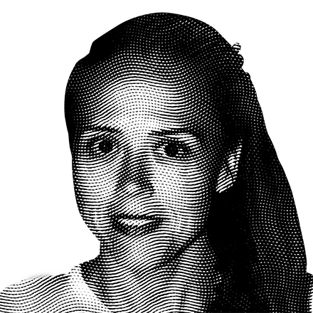 Halftone black and white image of Leigha DeTiberus