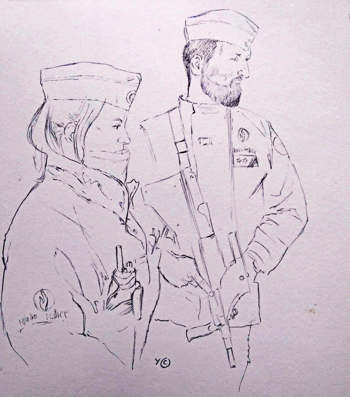 Police team watching over the Law Courts of Brussels, ballpoint sketch.