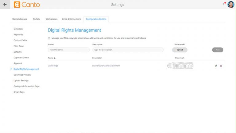Screenshot of the Digital Rights Management settings page and watermark management section for the Canto DAM.