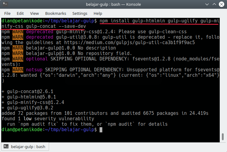 Instal modul untuk minify file