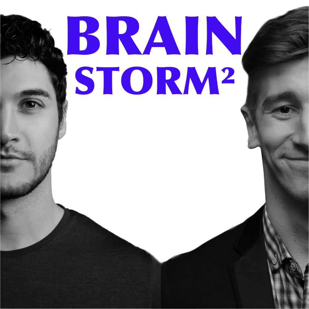 The logo for brainstorm squared. The words "brainstorm" in all caps in blue text with a superscript 2 to represent "squared". Half of Damiano's face and half of Aidan's faces are on either side of the logo with both of their shoulders touching in the middle with a plain white background. Both faces are in black and white with a slight smile on each of their faces. Damiano is looking far more handsome than Aidan is as always!