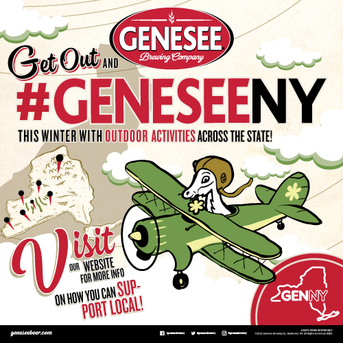Image depicts the Springbock goat flying an airplane with a map of New York state in the background. Text reads- Get out and hastag GeneseeNY this winter with outdoor activities across the state! Visit our webpage for more info on how you can support local! Genesee Brewing Company.