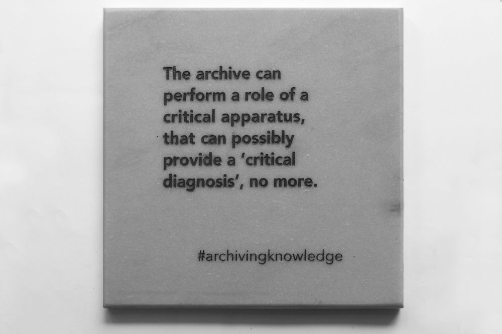 The archive can perform a role of a critical apparatus, that can possibly provide a 'critical diagnosis' no more, From the series: Archiving Knowledge, hand engraved marble, 2018