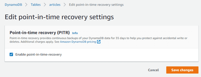 Enabling point-in-time recovery in DynamoDB