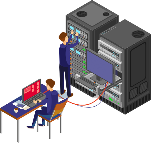 guy coding and server machine illustration