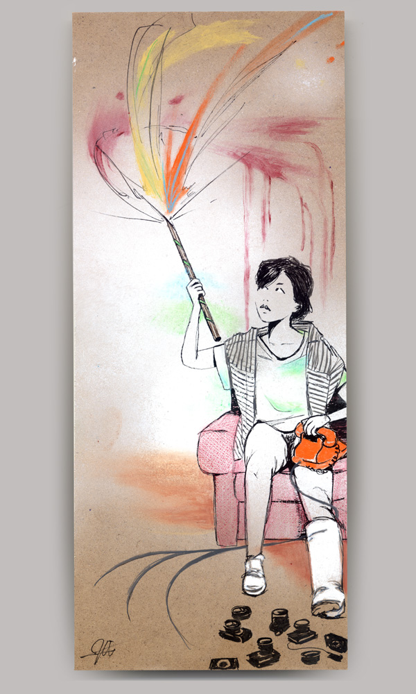 An acrylic painting on wood panel, titled 'The Terrorizers', of a young woman sitting in a sofa chair looking up at the sparks shooting out of her roman candle. In her other hand she's holding an orange telephone and her left leg is in a cast. Camera lens are painted at her feet.