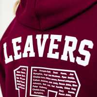 A hoodie with the word 'leavers' printed above the large number on the back of the hoodie.