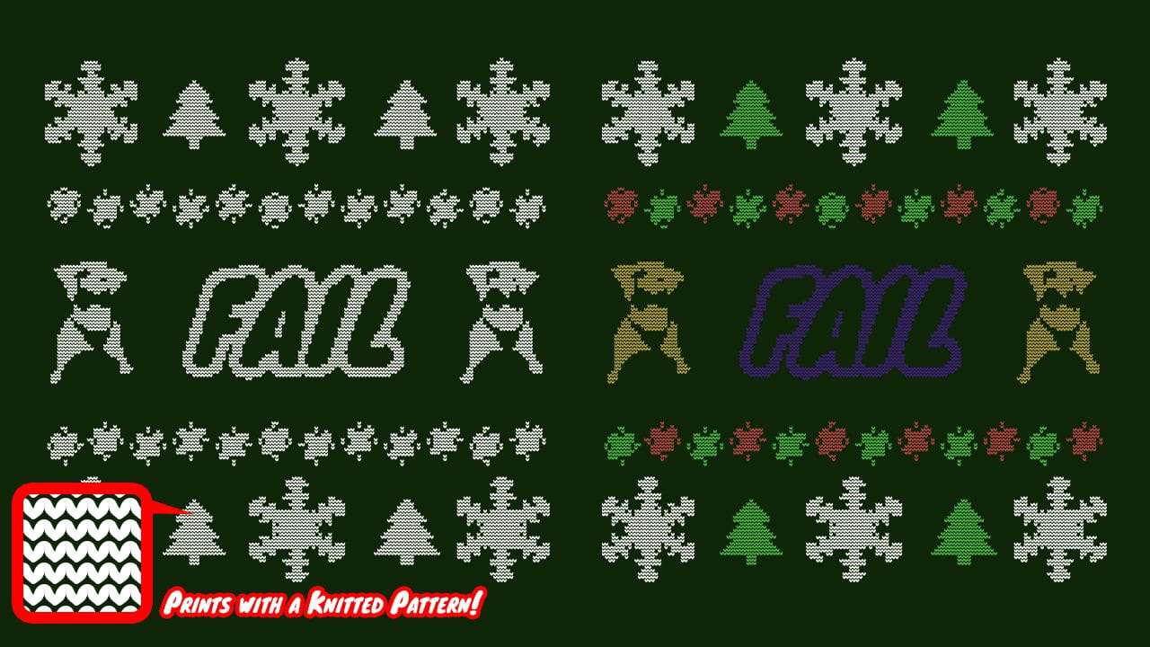 example of both the all white and colored version of the Ugly Sweater design