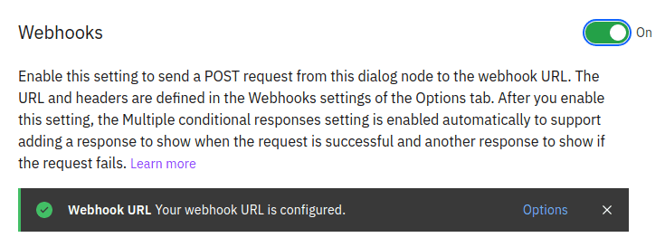 Enabling webhooks on a node in IBM Watson Assistant