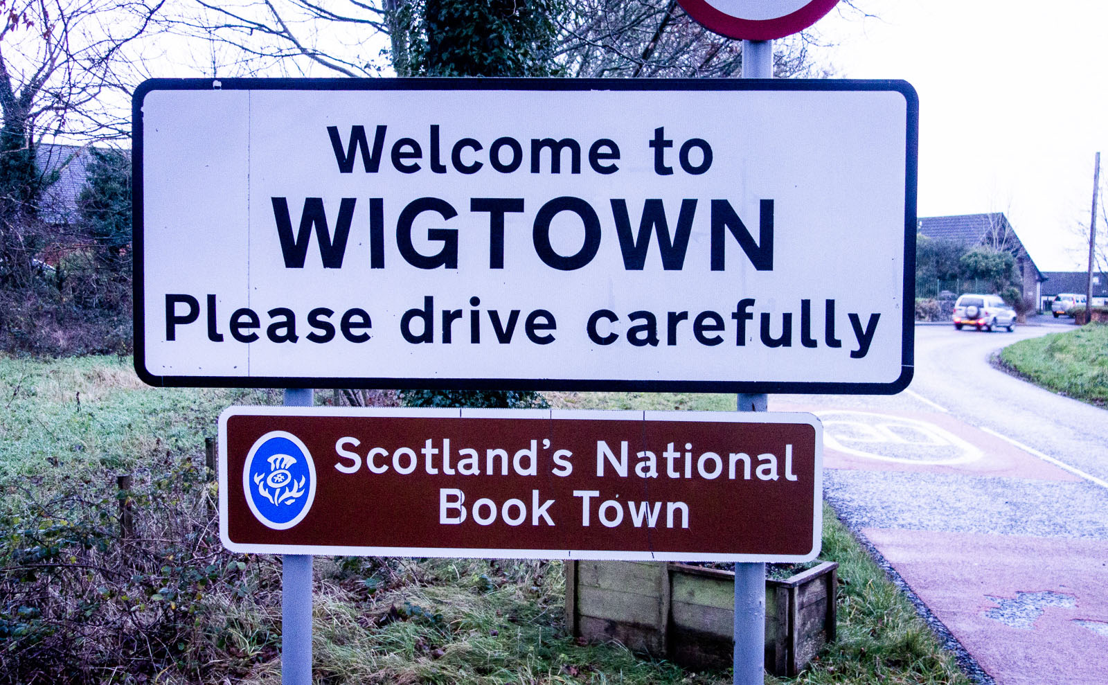 welcome sign at the border of Wigtown