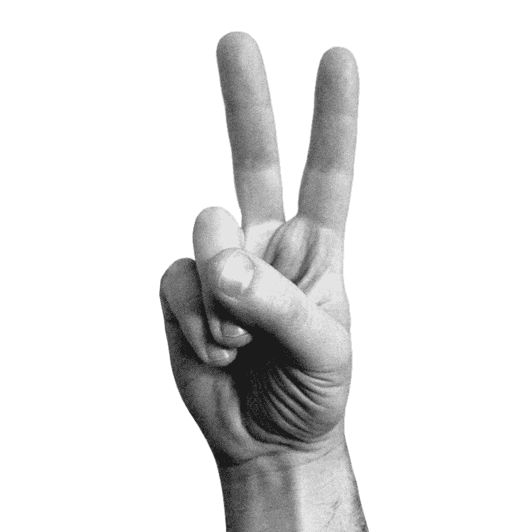 a hand with two extended fingers flashing the V for Victory or peace sign