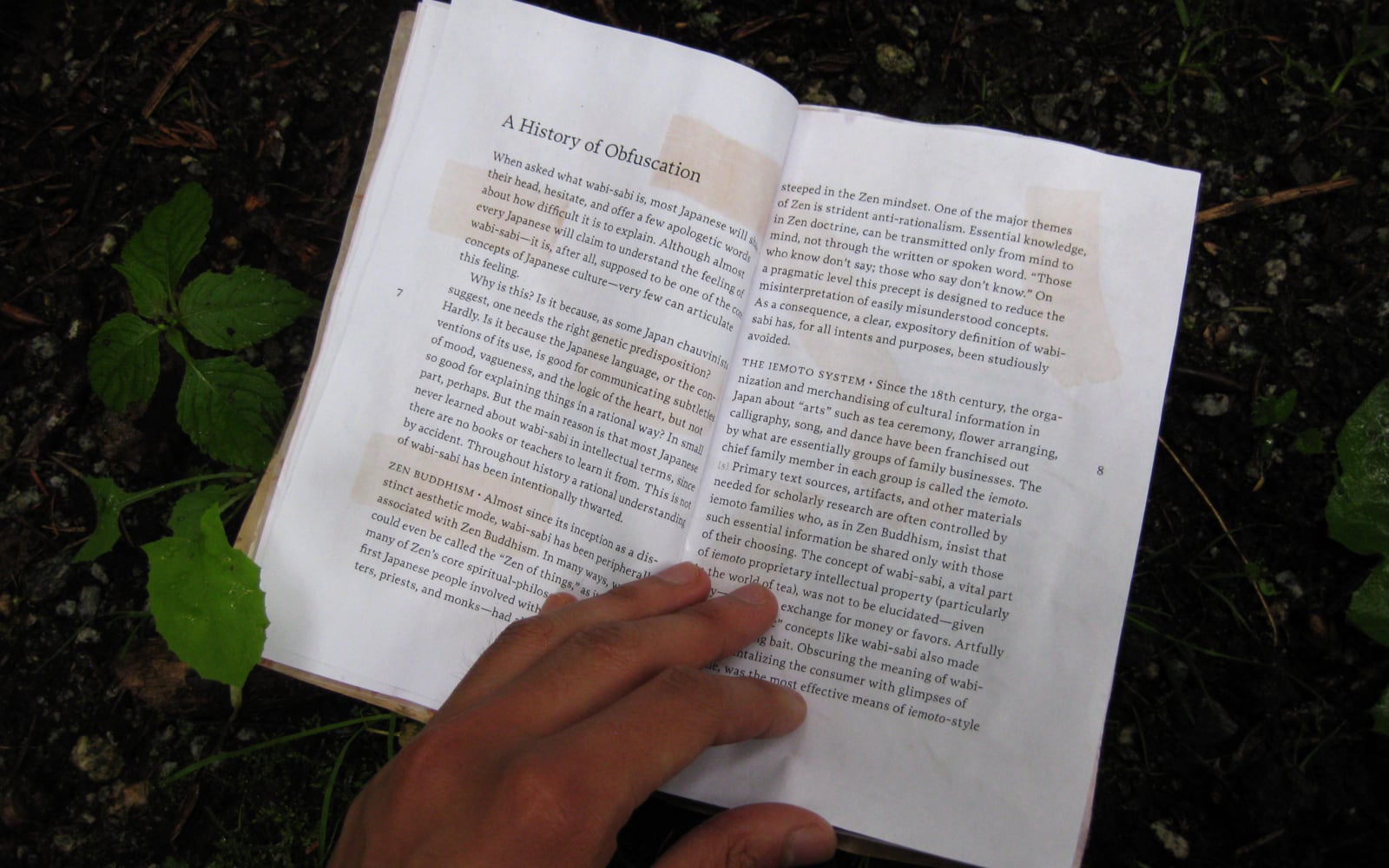 an open book on a wet forest floor. Chapter title reads: A history of obfuscaction