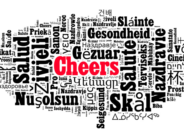 A red cheers surrounded by words that mean cheers in different languages