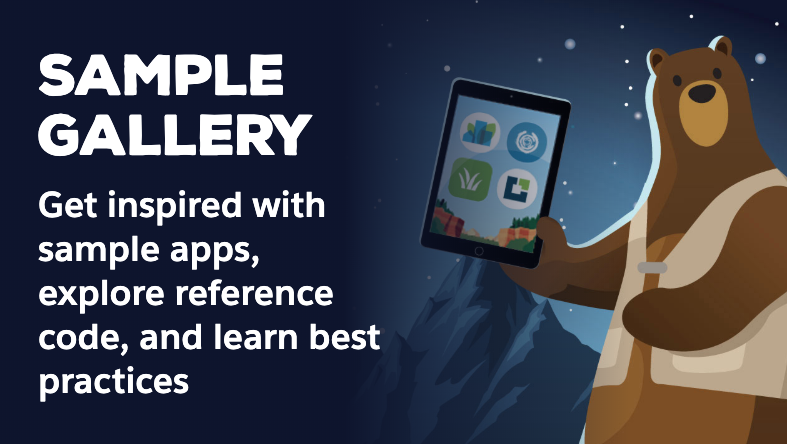 Graphic describing Salesforce Sample Gallery - Get inspired with sample apps, explore reference code, and learn best practices