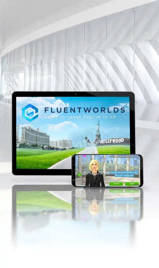 FluentWorlds app open on a smart phone and a tablet