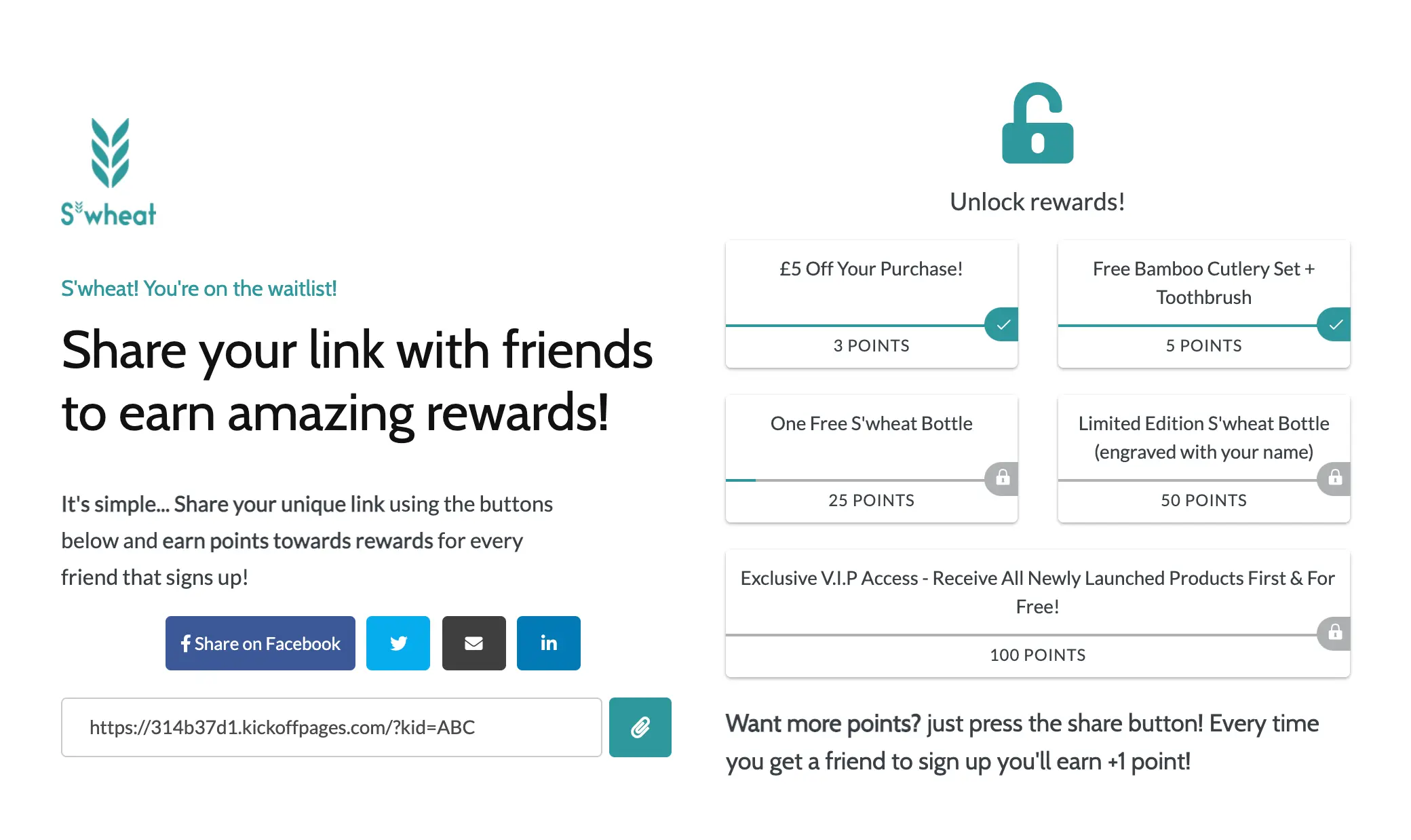 "share your link and refer friends to unlock rewards" milestone waitlist